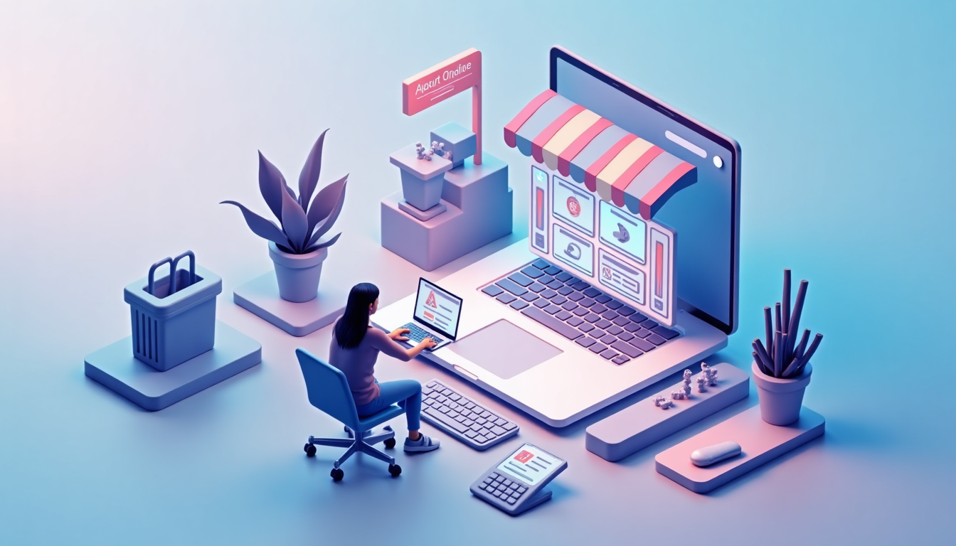 Creare magazin online București: imagine cu elemente de e-commerce, coș de cumpărături și orașul București în fundal.
