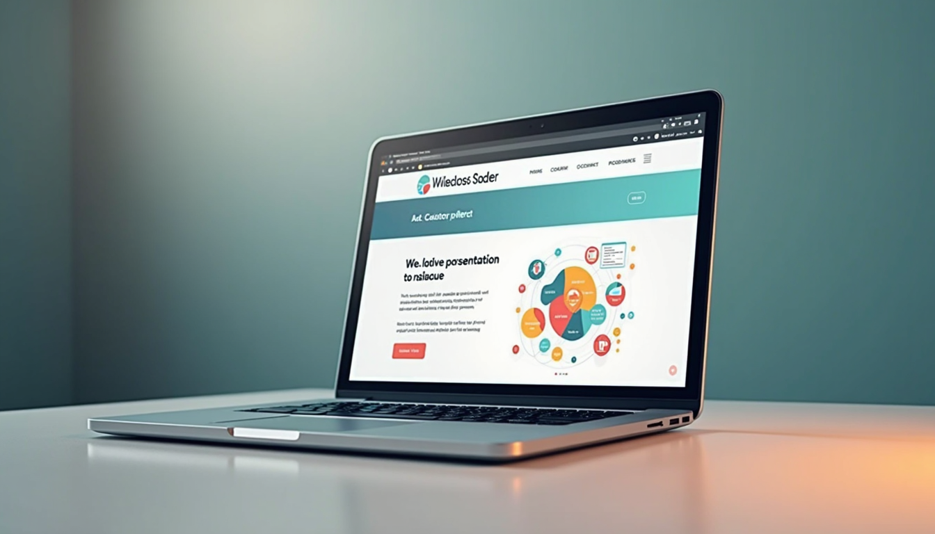 Ilustrație cu un website de prezentare modern pe un ecran de laptop, cu elemente de design și optimizare SEO vizibile.